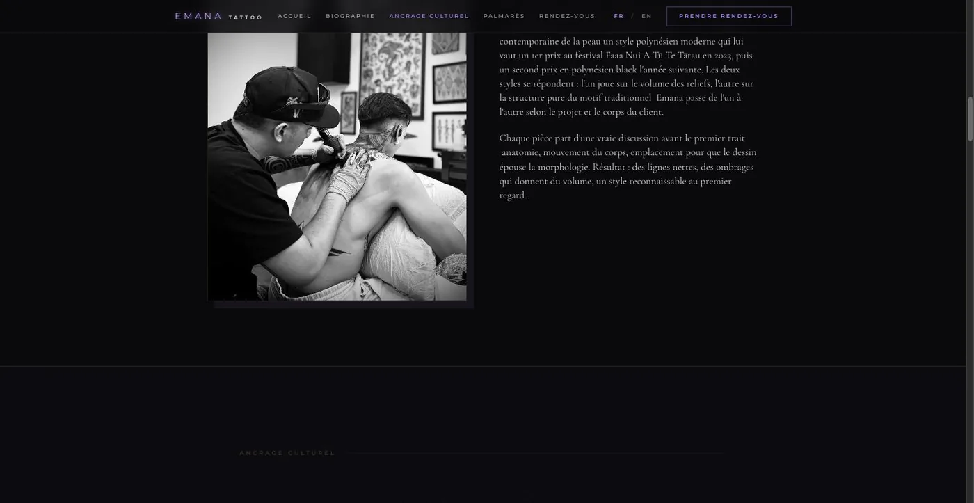 Section biographie du site Emana Tattoo