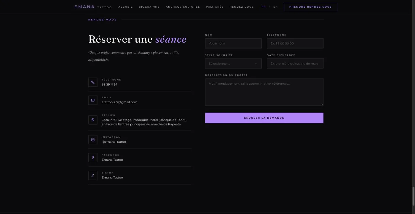 Prise de rendez-vous du site Emana Tattoo